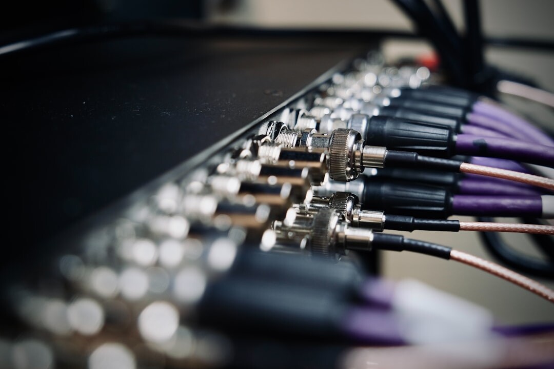 Close-up of SDI and network cable connectors for video transmission